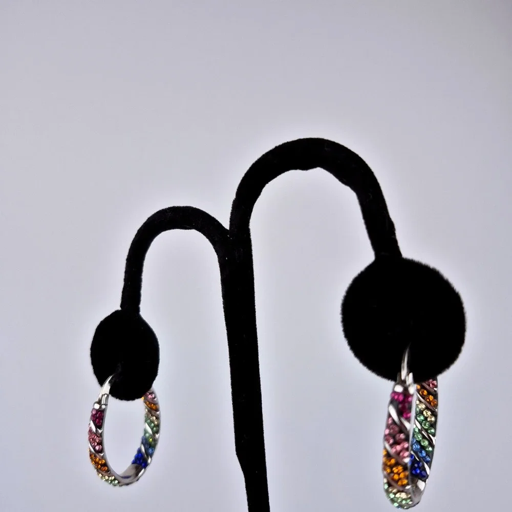 Rainbow CZ Hoop Earrings Set with Adjustable‎ Bolo Bracelet Pride Sparkly Glam